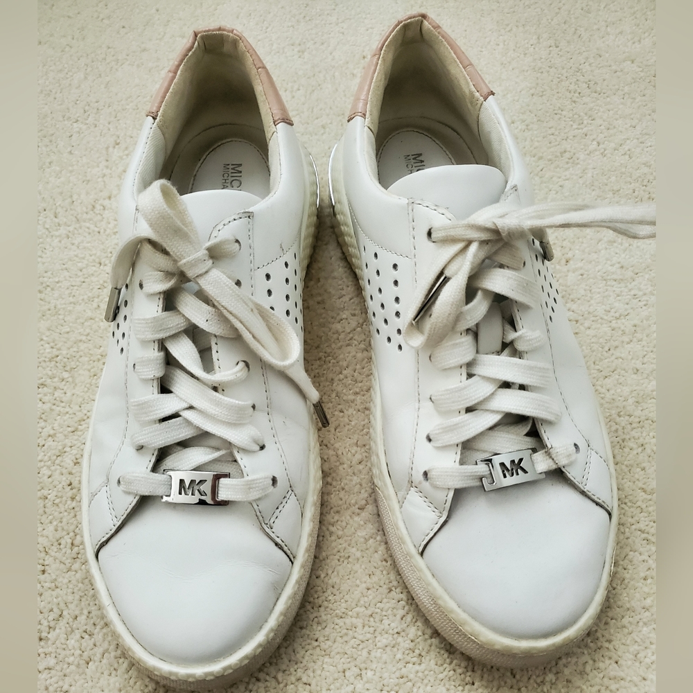 Michael Kors Codie Lace Up Optic White Leather Sneakers with Croc Accent sz8
